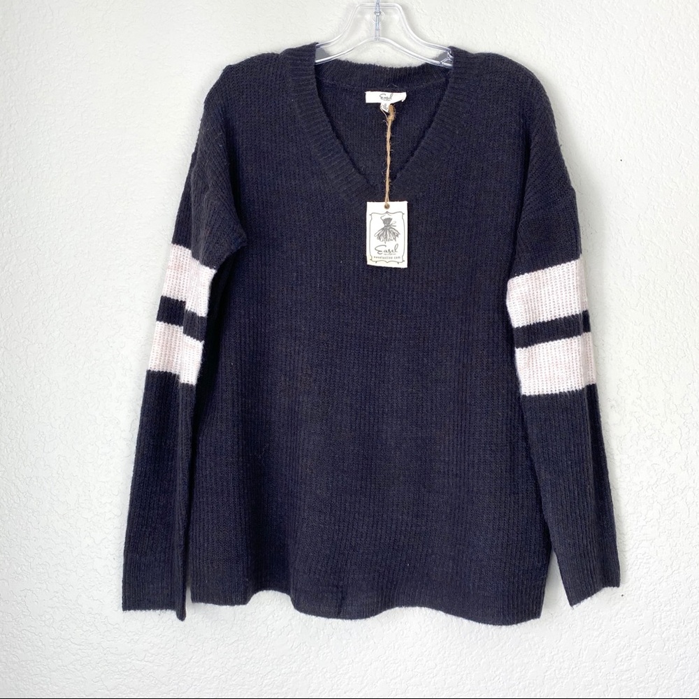 EASEL Athletic Striped Black V-Neck Sweater NWT - Picture 3 of 7